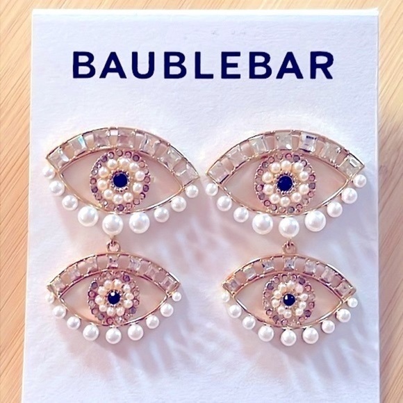 Brand New BaubleBar Evil Eye Beaded Pearl Rhinestone Gold Tone Drop Earrings - Picture 2 of 12